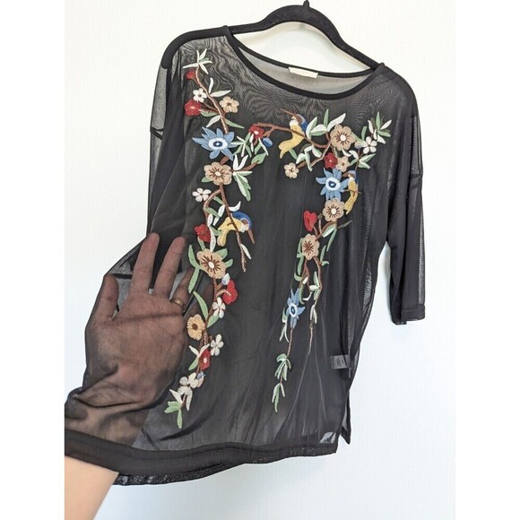 Miss Love Black Mesh Embroidered Bird Blouse Size Small - Picture 3 of 13